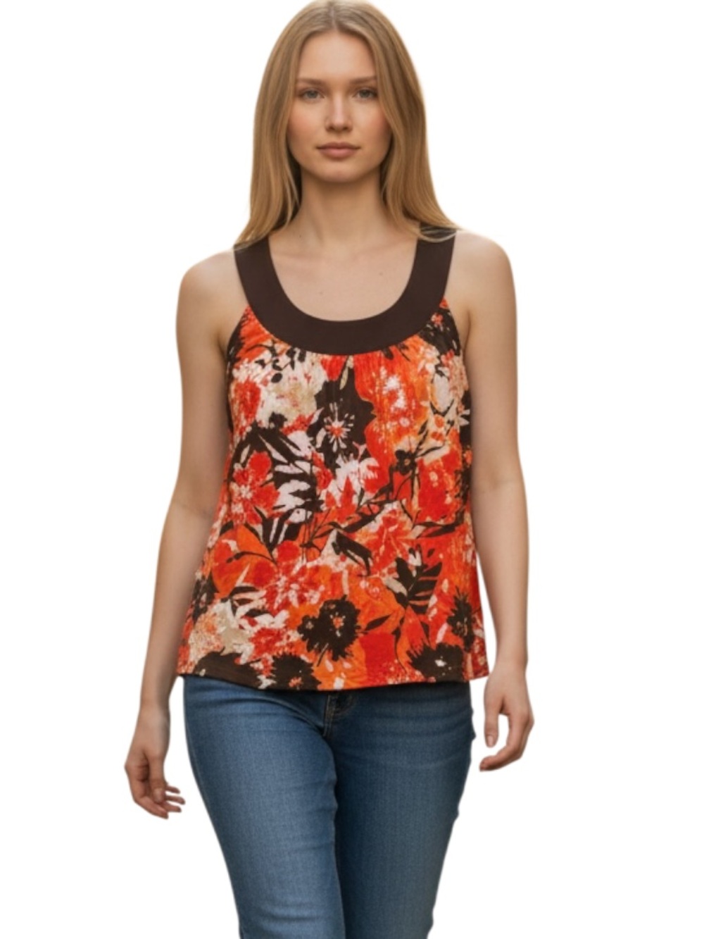 Source Unknown Floral Scoop-Neck Tank in Orange and Brown